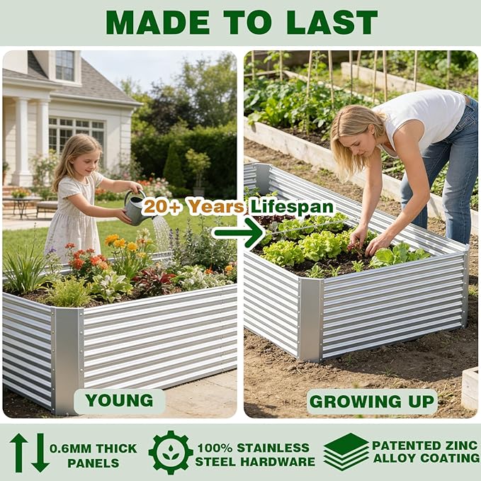 Galvanized Steel Raised Garden Bed, 3 Pack, 4×2×1.4ft | Outdoor Planter Box, For Root Vegetables, Herbs & Flowers, Metal Construction, For Backyards, Terraces & Balconies