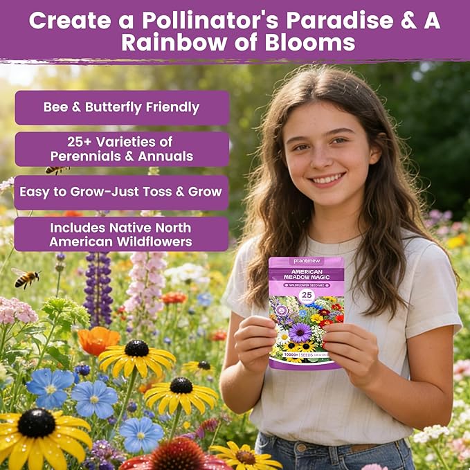 Wildflower Seeds Bulk Mix - 10,000+ Perennial & Annual Seeds - Texas, California & Florida Native Wildflower Seeds for Hummingbirds, Butterflies, & Cut Flowers - Cosmos, Throw and Grow