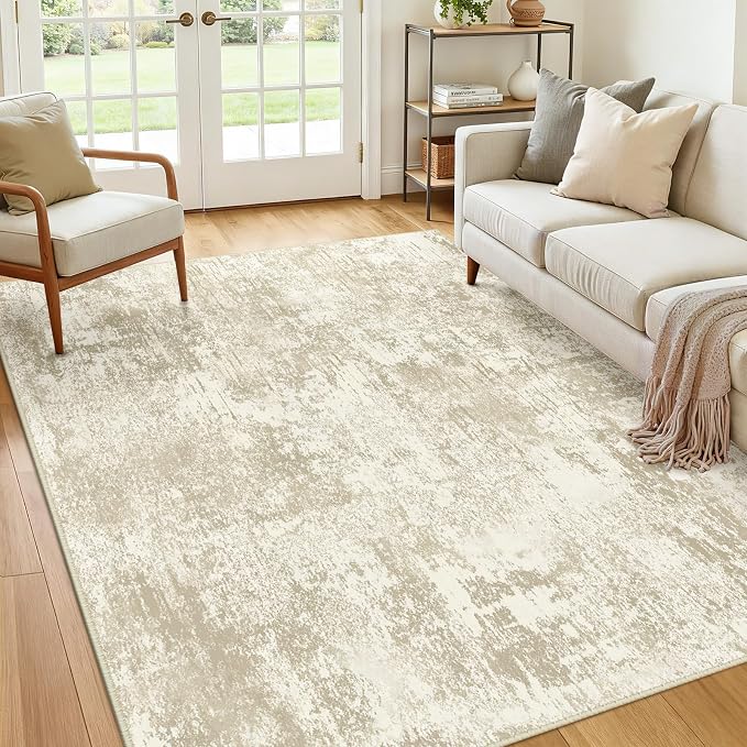 RELEANY Washable 8'x10' Abstract Area Rug for Living Room Cream Beige | Carpet for Bedroom, Kitchen, Office, Hallway and Entryway, Printed Pattern, Non‑Slip, Soft, Stain‑Resistant, Easy to Clean