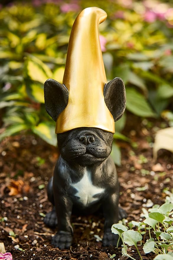 Frenchie Gnome - Black Frenchie Statue with Gold Hat | Doodle Gnome Cute French Bulldog Decor Garden Gnome