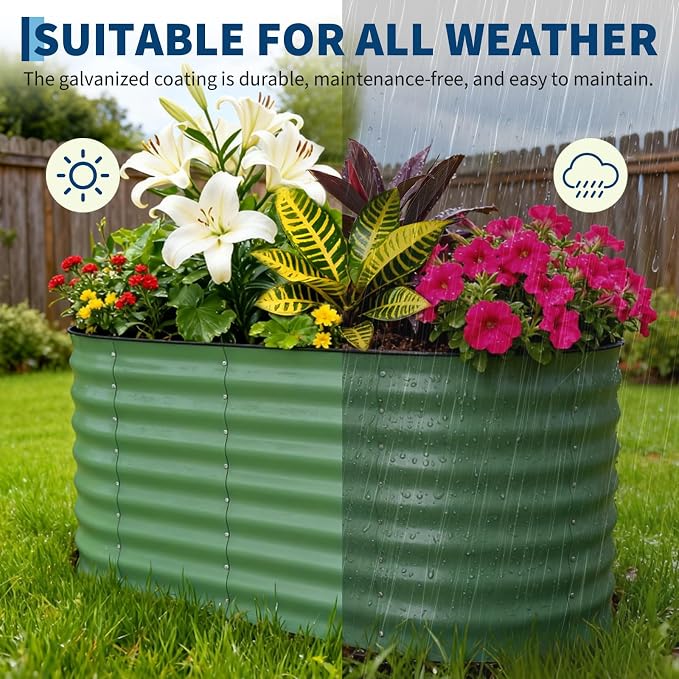 Garvee 4x2x2ft Galvanized Raised Garden Bed, Oval Metal Planter Box with Anti-Cut Safety Edges, 119 Gallons Rust-Resistant Deep Root Planter for Outdoor Vegetables, Flowers, Herbs, Green