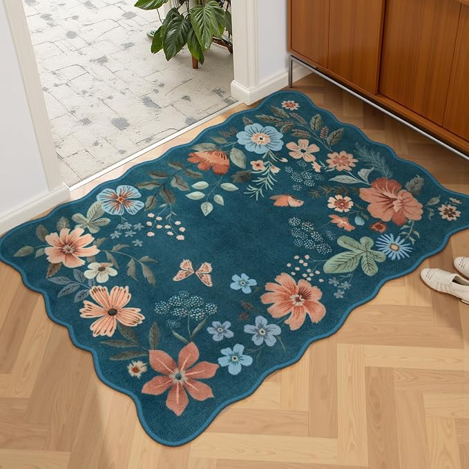 Lahome Floral Washable Entryway Rug, 2X3 Soft Kitchen Rugs Non-Slip Blue | Ultra-Thin Door Mat Indoor Entrance Stain Resistant Boho Small Carpet for Bathroom Bedroom Flore, Navy/Blue