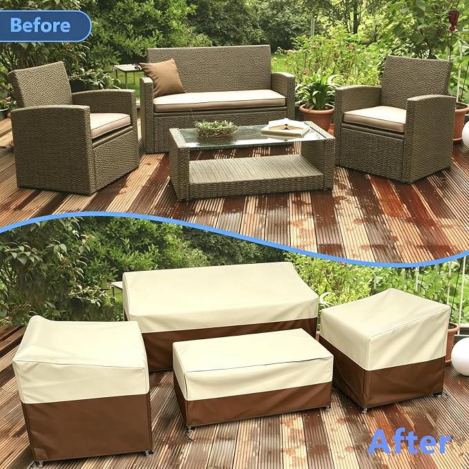 STARTWO Outdoor Furniture Cover Waterproof, 600D Heavy Duty, 4 Piece Patio Furniture Set Cover for Outside Couch, Lawn Chairs, Coffee Table, Windproof with Buckle Strap, Beige