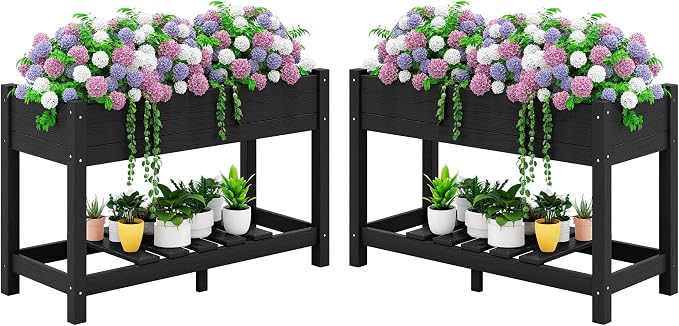 SERWALL Raised Garden Bed with Legs Set of 2, 43"×17"×30" Large HDPE Elevated Planter Box for Vegetables Flower Herb Patio, All Weather Use-Black