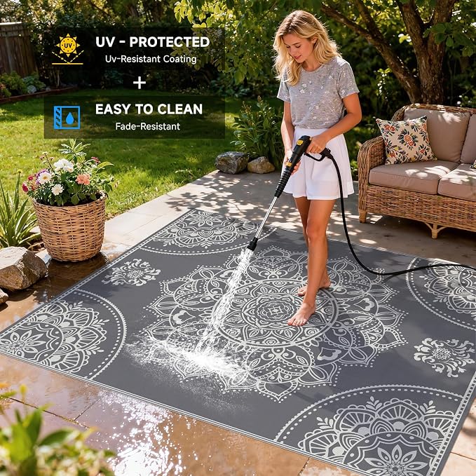 Pauwer Waterproof Outdoor Rug 8x10, Reversible Plastic Straw Patio Camping Rug, Indoor Outdoor RV Mat Carpet for Deck, Camper, Porch, Balcony, Backyard, Picnic, Floral Grey