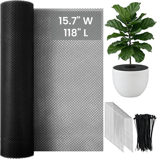 Plant Pot Grid Set, 15.7" W x 118" L Indoor Plant Protector from Cats, Pot Soil Cover Protector from Animals with Stakes & Zip Ties for Garden Balcony, Fits Different Pot Sizes(Black)