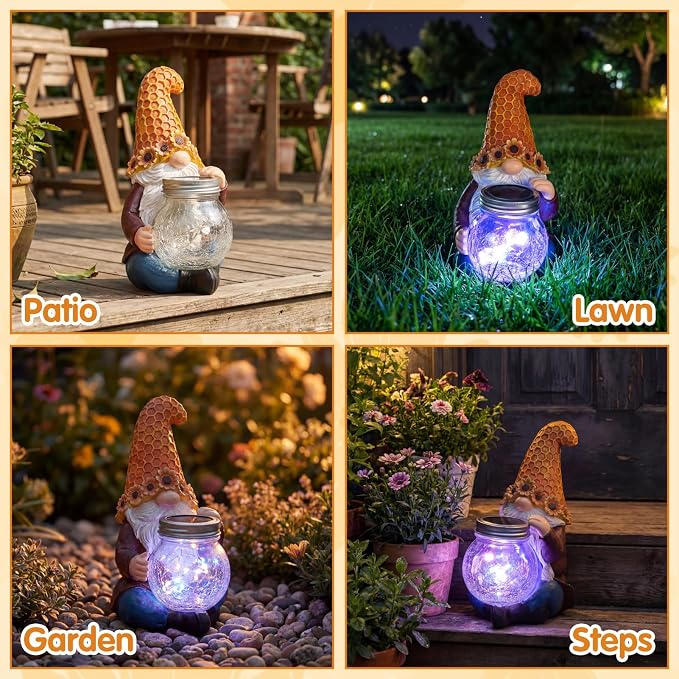 Lyeasw Solar Gnome Decor with Honeycomb Lantern, Outdoor Garden Decor | 10 Inch Resin Figurine with LED Glow, Weather Resistant Garden Accent for Patio, Porch, Yard & Gift for Garden Lovers