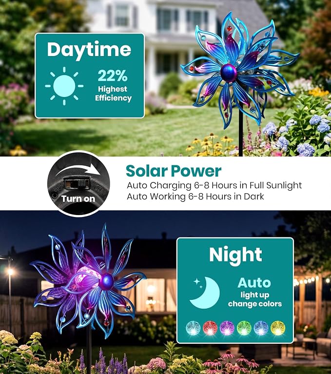 Solar Wind Spinner Outdoor Mandala Kinetic LED Garden Yard Art Decor | Hand-Crafted Art, 3D mandala wind spinner, Whisper-quiet dual bearings, Stable 5-prong stake, Blue Purple Fade