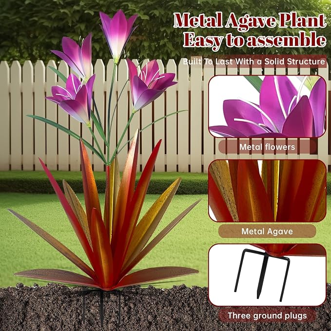 TOMBABY 32.28 Inch Metal Agave Plant Outdoor Decoration Lily Mexican Yard Art Garden Gift Home Decor Hand Painted Metal Agave Garden Yard Statue (1pc, Red)