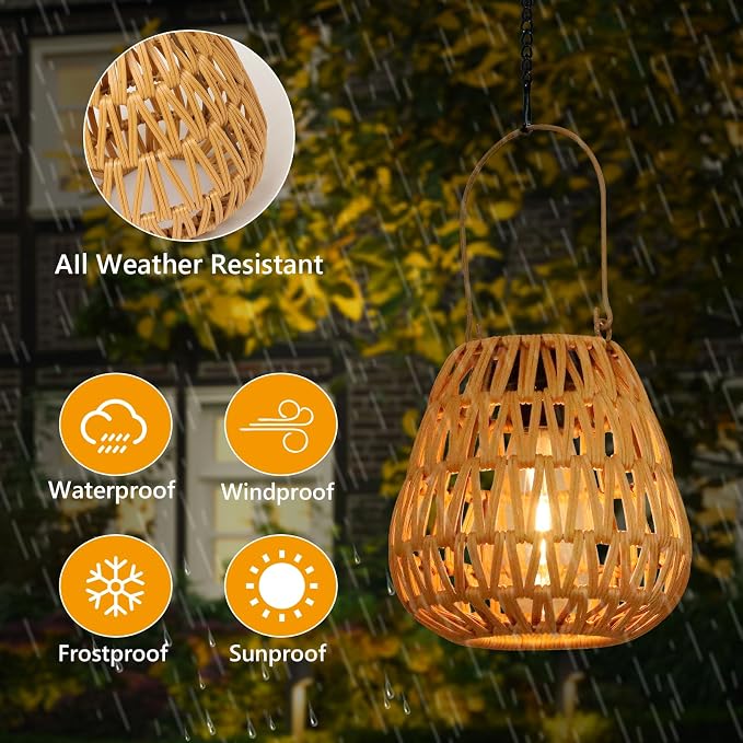 2 Pack Solar Lights Outdoor Waterproof, Rattan Solar Lantern, Hanging Outdoor Solar Lights for Yard, Outdoor Solar Lanterns Decorative, Garden Lights Solar Powered for Tree, Patio, Table Lantern Decor