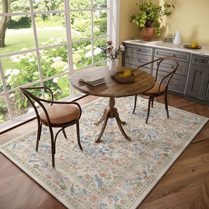 Washable Area Rugs for Living Room: 5x7 Bedroom Rug Vintage Area Rug Stain Resistant Non Slip Low Pile Lightweight Soft Carpets for Dining Room Kitchen Nursery Kids Room Farmhouse Indoor
