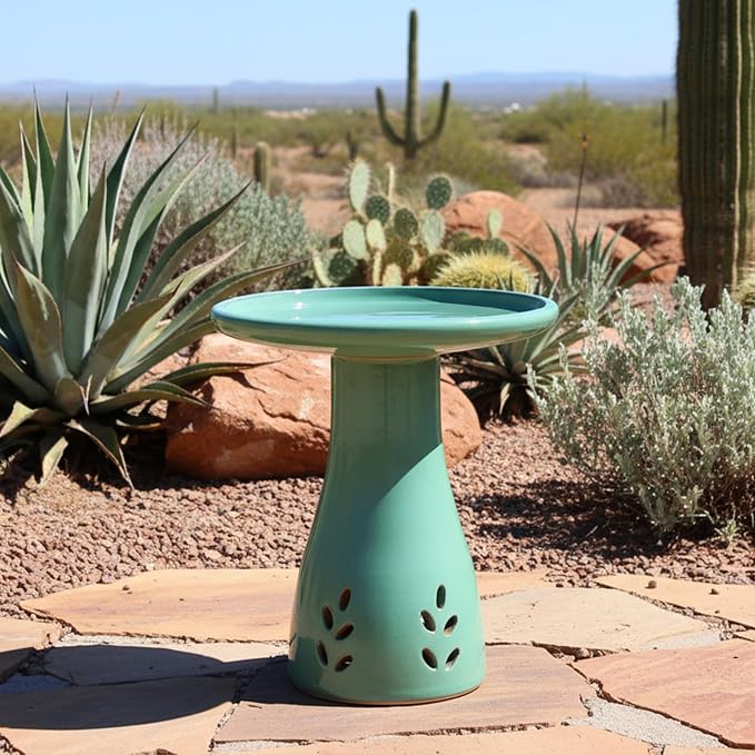 Sunnydaze 21" H Ceramic Bird Bath for Outside - Hand-Painted Outdoor Bird Bath Bowl, UV/Frost-Resistant Finish - Seafoam