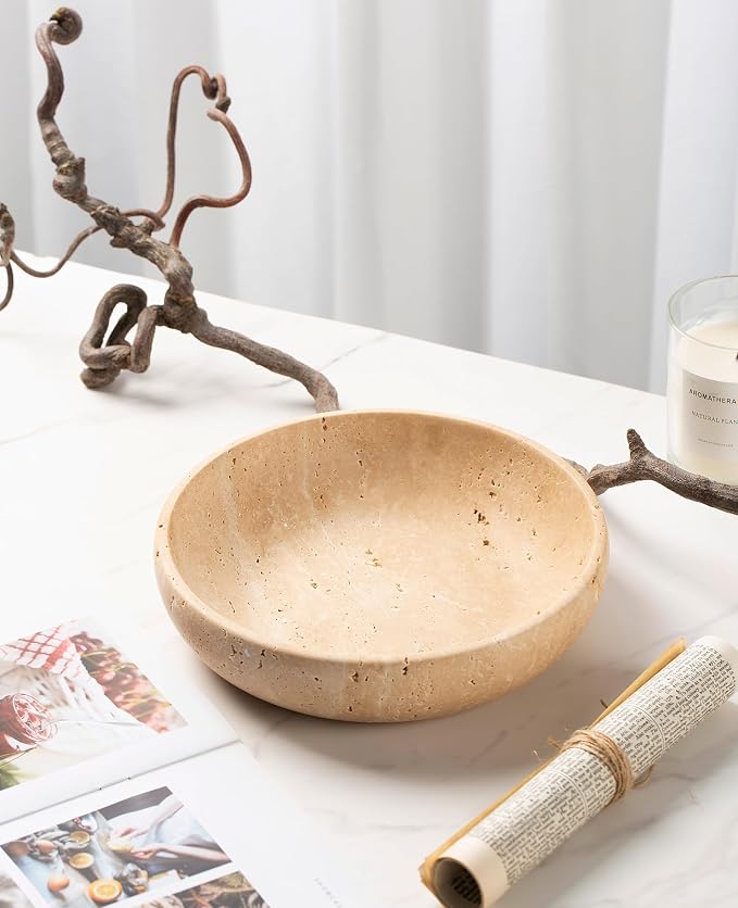 Natural Travertine Decorative Bowl 7.8", Handmade Stone Catchall Bowl for Entryway Key, Coffee Table Centerpiece, Kitchen Counter Fruit Bowl, Ring Tray, Office Home Decor Modern Apartment Essential