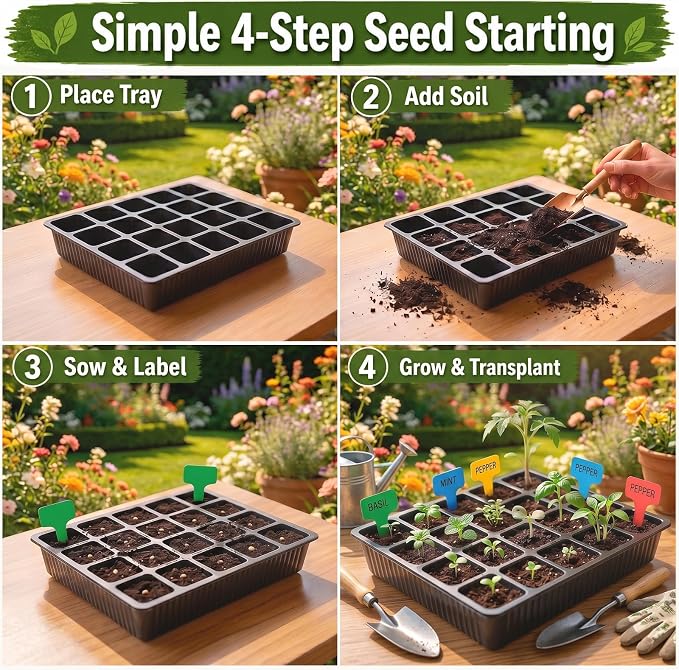 Square Nursery Pots 2 Layers with Drainage, 100 Cell Seeding Tray, 5 Packs | Double-layer Drainage Design Seed Starter Tray, More Durable for Reusable, Coloful Plant Lables