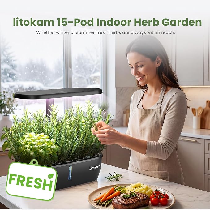 litokam Hydroponics Growing System Kit, 15 Pods Indoor Herb Garden with Smart APP & Quiet Pump, 24W LED Light, Auto Timer, Indoor Garden for Herbs, Vegetables & Flowers, Ideal Gift for Plant Lovers