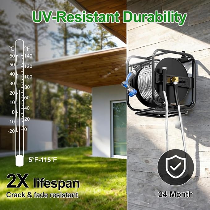 SPECILITE Upgraded Metal Garden Hose Reel With 100 Ft 304 Stainless Steel Water Pipe, Heavy Duty Anti-UV Wall Mount/Freestanding Spool with Nozzle, 360° Rotation Frame for Yard
