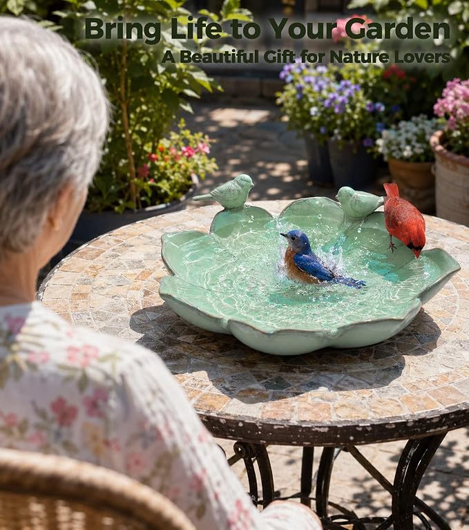 11.8" Ceramic Birdbaths for Outdoors | Bird Bath for Outside with Bird Figurines, Decorative Outdoor Bird Bath Bowl for Garden Decor, Gifts for bird lovers
