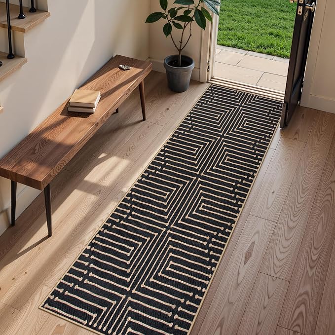 Lahome Maze Lines Washable Kitchen Runner Rug, 2x8 Black Outdoor Runner Rug | Low Pile Non Slip Non Shedding Easy Jute Carpet for Hallway Entryway