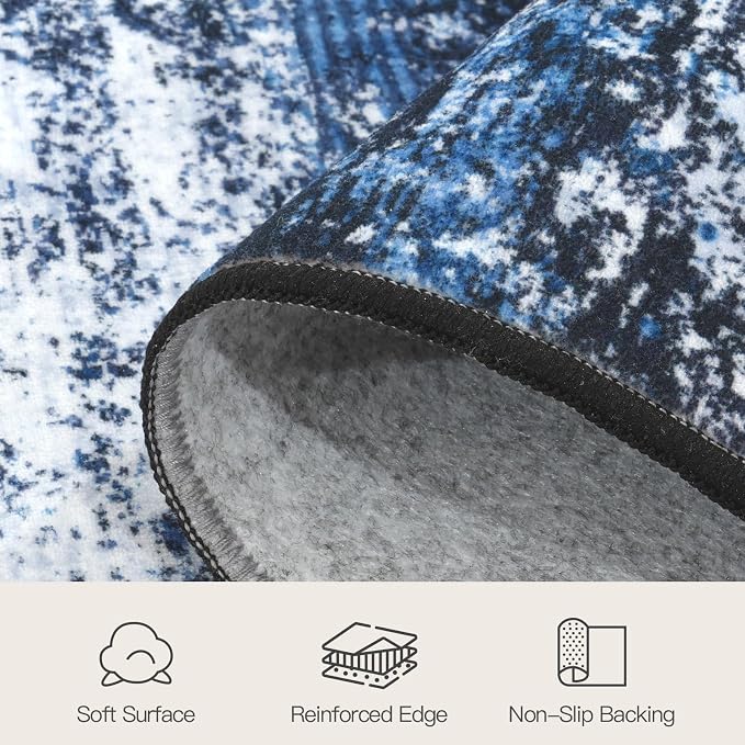 8x10 Area Rug for Living Room, Abstract Washable Large Rugs, Blue Gray | Soft Neutral Carpet for Bedroom, Dining Room, Home Office Nursery Indoor, Stain Resistant, Non-Slip, Low Pile Modern Rug