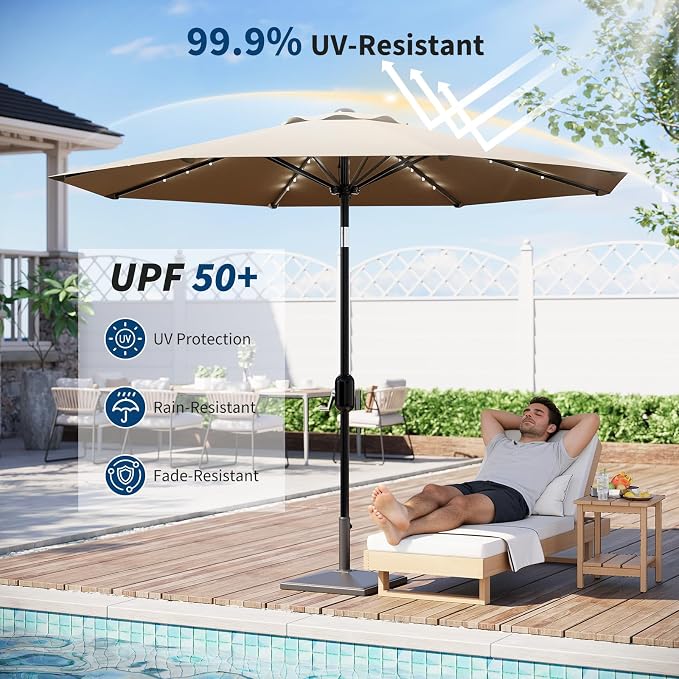 GarveeLife Patio Umbrella with Solar Lights, Outdoor Table Umbrella with 8 Durable Ribs, Tilt & Crank Mechanism, Water & UV Protection Sun Shade Umbrella for Garden, Poolside, Backyard (Tan, 10 FT)