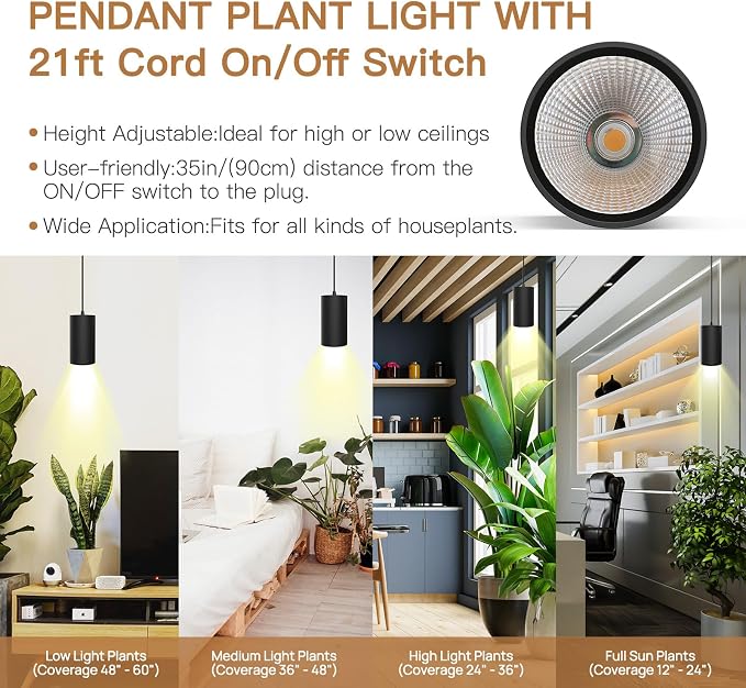 STERREN Plant Grow Light,Led Pendant Light for Indoor Plants,Full Spectrum Hanging Grow Lights with 21 FT Height Adjustable Power Cord, ON/Off Switch Black Plant Lights for Indoor Plant Growing