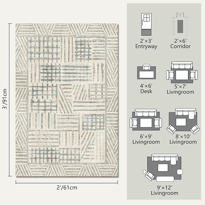 Non-Slip Washable Entry Rug 2x3 Abstract Geometric Textured Brushstroke - Neutral Gray & Light Blue Modern Minimalist Hallway Runner Rug, Decorative Carpet for Living Room Bedroom Home Decor