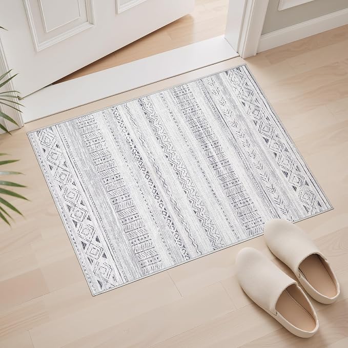 cotiled Washable 2x3 Entryway Rugs: Boho Moroccan Soft Small Rug | Solve Modern Neutral Trendy Home Decor - Low Pile Stain Resistant for Bathroom Entryway Kitchen Laundry Room Dark Grey