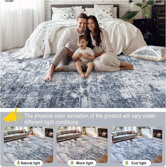 PLHXFR 6x9 Area Rug Living Room: Abstract Washable Carpet Grey Blue | For Bedroom Dining Room Farmhouse Nursery Home,Machine washable,Non Slip,Large Soft Neutral,Stain Resistant, Indoor Floor