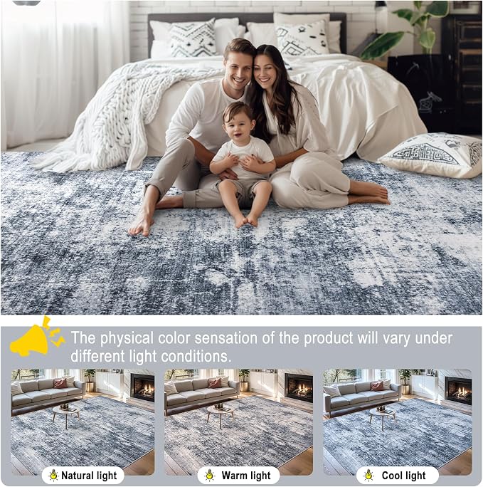 PLHXFR 10x12 Area Rug Living Room: Abstract Washable Carpet Grey Blue | For Bedroom Dining Room Farmhouse Nursery Home,Machine washable,Non Slip,Large Soft Neutral,Stain Resistant, Indoor Floor