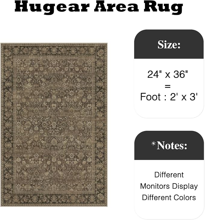HUGEAR 2x3 Indoor/Outdoor Rug Brown Linen-Look Fabric Vintage Area Rug High Traffic Stain Resistant Easy Clean Durable Rugs for Living Kitchen Patio Deck Balcony Porch Garden Courtyard