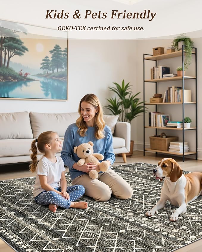 Miukiki 8x10 Area Rug for Living Room, Washable Soft Non Slip Rug Black | Large Indoor Rug for Kitchen Bedroom Dining Room Office, Low Pile Soft Floor Carpet with Vintage Pattern 7'x10'