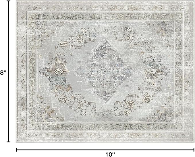 Phantoscope Washable Area Rug 8'x10' Non-Slip, Vintage Neutral Rugs for Living Room, Bedroom, Dining Room, Distressed Boho Medallion Pattern, Low-Pile Foldable Floor Carpet, Silver Grey/Taupe