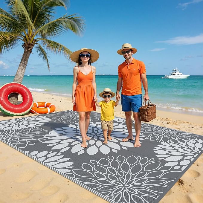 Ileading Waterproof Outdoor Rug 6x9, Reversible Plastic Straw Patio Rug, Portable Indoor Outdoor RV Camping Mat Carpet for Deck, Porch, Balcony, Backyard, Picnic, Floral Grey