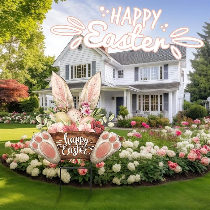 Amyhill Happy Easter Outdoor Decorations Bunny Metal Garden Stakes 25 Inch Welcome Yard Signs Easter Rabbit Egg Decor Outdoor Decorative Garden Stakes Spring Decorations Patio Lawn Walkway