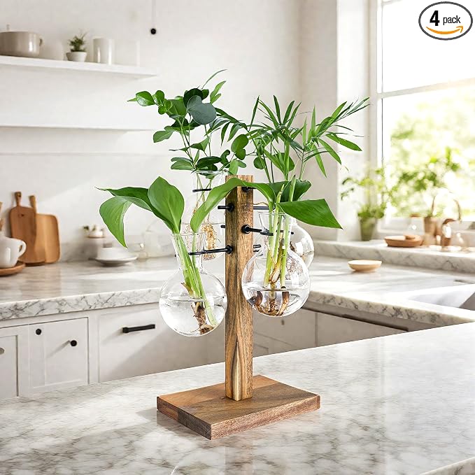 Plant Propagation Station with Large Acacia Wood Stand and 4 Glass Vases | Propagation Vases for Plants，Plant Stand Indoor，Birthday Gifts for Women,Gifts for Plant Lovers，Home & Garden Decor