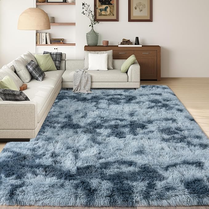 10x14 Large Fluffy Area Rugs for Living Room, Tie-dye Blue Grey | Upgrade Non-slip, Washable, Flame Resistant, High Pile Big Shag Rug Plush Carpet for Bedroom Kids Room Dorm Home Decor