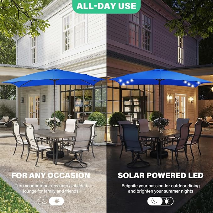JEAREY 8x10 ft Rectangular LED Lighted Patio Umbrellas Outdoor Solar Table Market Umbrella w/Crank, 8 Sturdy Ribs, UV Protection Waterproof Sunproof(Royal Blue)