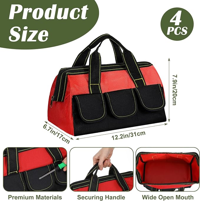 4 Pcs Tool Bag for Men Women Heavy Duty Tool Tote with Waterproof Hard Bottom Multi Pockets Large Mouth Organizer for Various Worker Electrician Carpenter Mechanic(13 Inch,Blue Red Yellow)