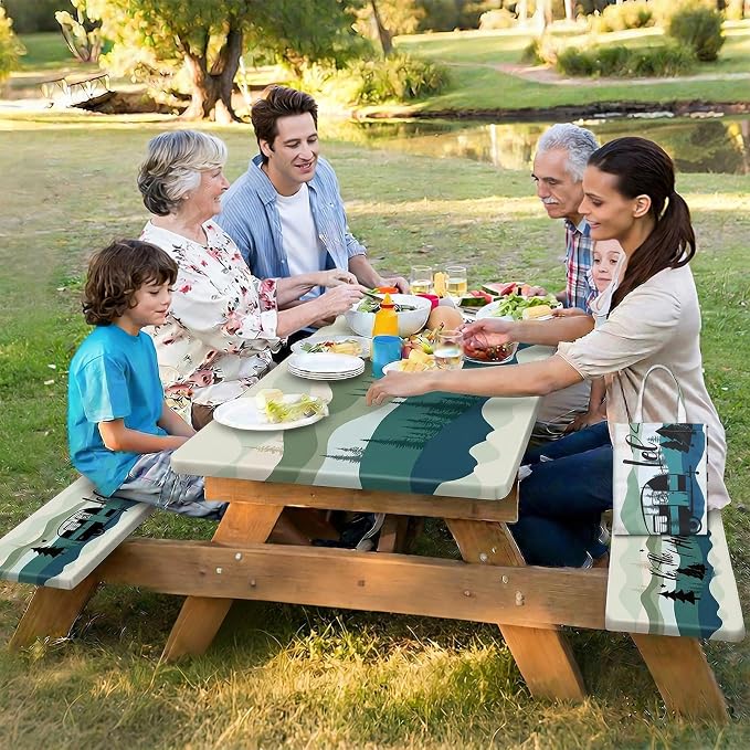 Picnic Table Cover with Bench Covers Elastic Edges Outdoor Camping Essentials 4 Pcs Mountains Waterproof Oil-Proof Tablecloth with Handbag for RV Accessories Farmhouse Camping Rustic Party Decor 72 IN