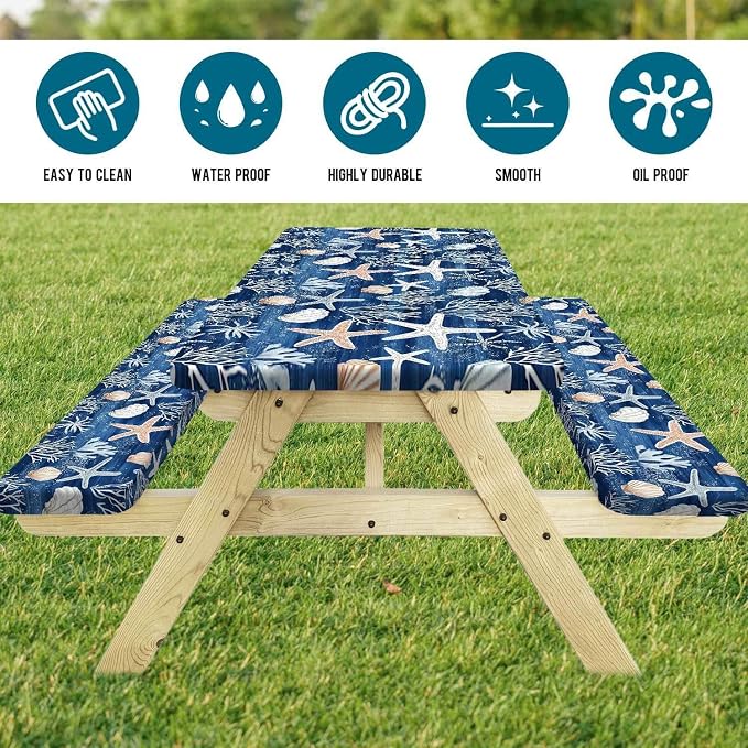 Picnic Table Cover with Bench Covers Camping Elastic Edge Essentials Waterproof Windproof Camping Tablecloth with Drawstring Bag, Fitted Rectangle Tables and Seats, 30X72 Inch, Blue Ocean Coral