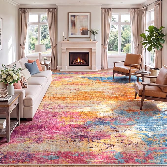 9x12 Area Rug for Living Room, Abstract Washable Large Rugs, Multicolor | Neutral Modern Carpet for Bedroom, Dining Room, Home Office Nursery Indoor, Stain Resistant, Low Pile, Non-Shedding Rug