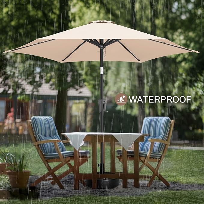 FLAME&SHADE 9ft Patio Umbrella Outdoor - Table Umbrella with Push Button Tilt and Crank, UV Protection, 6 Sturdy Ribs, Market Umbrella for Garden, Deck, Backyard, Lawn, Pool and Beach(Beige)