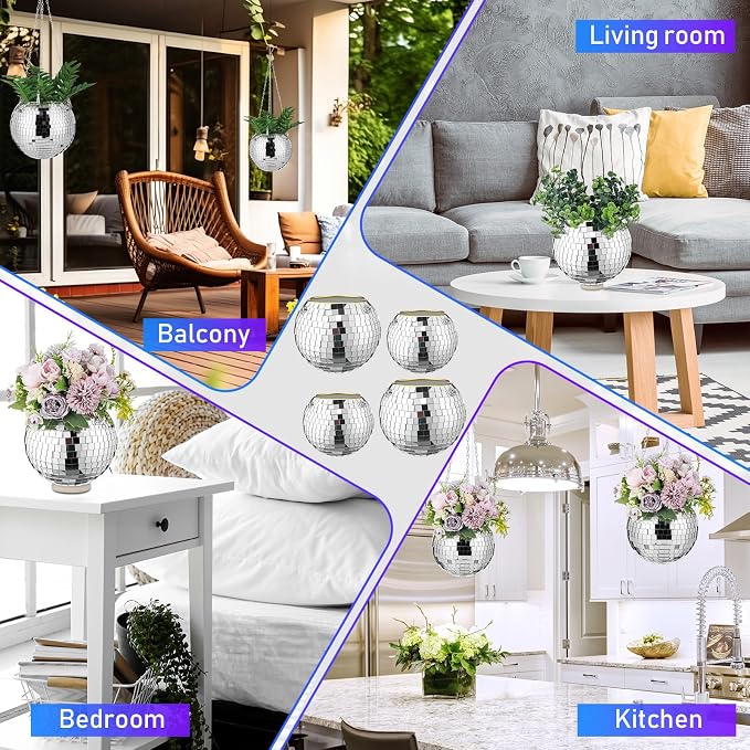 4 Pcs 6/8 Disco Ball Planter Hanging Disco Ball Plant Hanger with Chain Hook and Ring Stand, Mirror Flower Pot for Indoor and Outdoor Plants 70s 80s Party Room Decorations, Sliver
