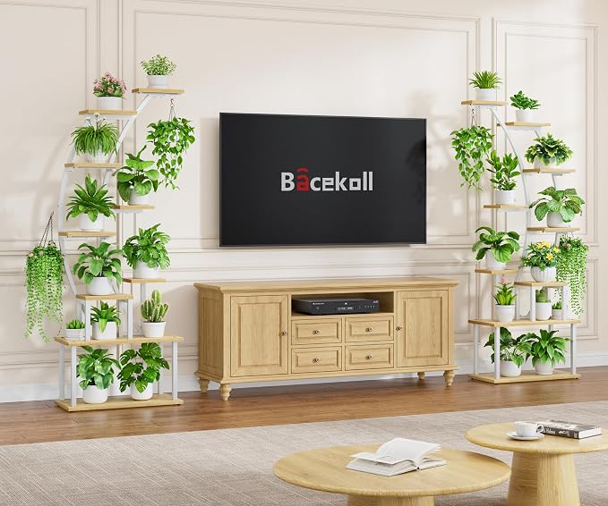 BACEKOLL Plant Stand Indoor with Grow Lights, 9 Tiered Metal Plant Shelf, 64" Tall Plant Stand for Indoor Plants Multiple, Large Plant Rack Display Shelf, Curved Plant Holder for Living Room, White