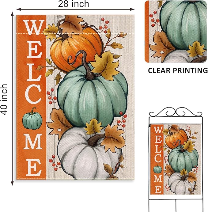 Welcome Fall Pumpkins Decorative House Flag, Autumn White Teal Pumpkin Farmhouse Garden Yard Outside Decorations, Thanksgiving Seasonal Burlap Outdoor Large Home Decor Double Sided 28 x 40