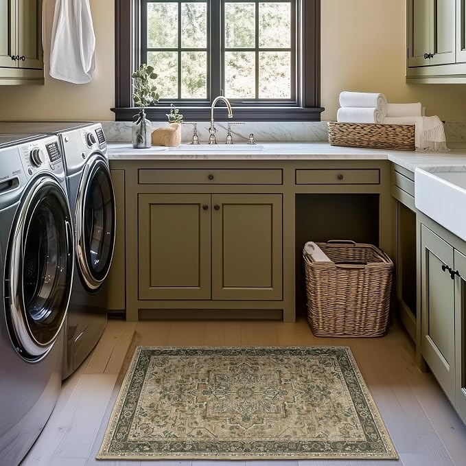 Vintage Distressed 2x3 Kitchen Rugs Washable Non Slip, Moody Medallion Door Mat Indoor Entrance Entryway, Small Low Pile Rugs for Bedroom/Bathroom Vanity/Laundry Room, Multi Brown/Olive Green