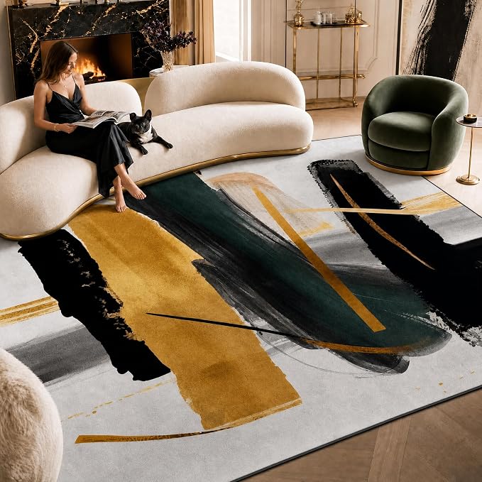 9CH Black White Gold Area Rug 7' X 5' Modern Abstract Rugs for Living Room | Soft Non-Slip Stain Resistant Carpet Washable Stain Resistant Bedroom Dining Room