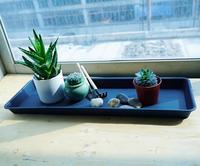 VUWEZ 2 Pack Plastic Plant Trays - Rectangular 30 inch, Indoor/Outdoor Plant Water Drip Trays for Flower Pot Planter, Windowsill (8 X 30'', Blue)