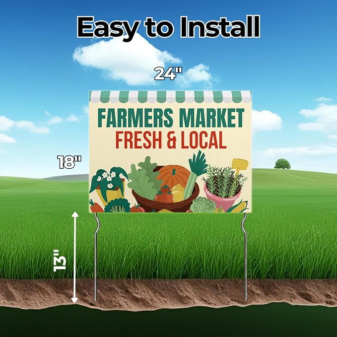 Farmers Market - Fresh & Local! Yard Sign by DC | 24"x18" Double Sided Conv. Store Garden Sign with 13” Metal Stakes | Outdoor Signs Waterproof for Lawn, Patio, Sidewalk & House | Set of 3