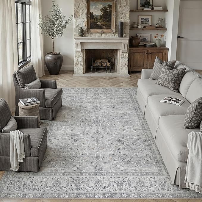 Gray 8x10 Washable Area Rug Vintage Distressed Carpet | Soft Low Pile, Non Slip, Stain Resistant, Large for Living Room, Bedroom, Dining Room, Kids Room, Retro Accent Decor